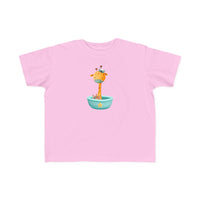 Printify pink eco-friendly toddler t-shirt with cute giraffe in a blue bowl graphic