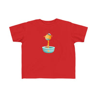 Printify red eco-friendly toddler t-shirt with cute giraffe in a bowl graphic design