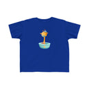 Printify eco-friendly toddler t-shirt in blue with cute giraffe and bird design in a bowl