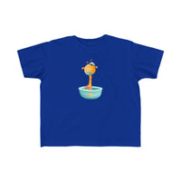 Printify eco-friendly toddler t-shirt in blue with cute giraffe and bird design in a bowl