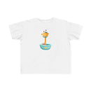 Printify white eco-friendly toddler t-shirt with cute giraffe in bath tub cartoon design