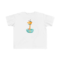 Printify white eco-friendly toddler t-shirt with cute giraffe in bath tub cartoon design