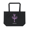 Printify black eco friendly tote bag with purple tree yoga pose design and Namaste text