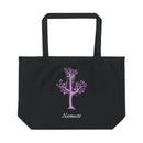 Printify black eco friendly tote bag with purple tree yoga pose design and Namaste text