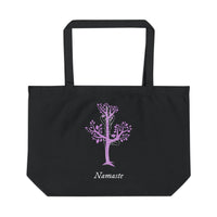 Printify black eco friendly tote bag with purple tree yoga pose design and Namaste text