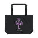 Black eco friendly tote bag with purple tree and yoga pose design by Printify