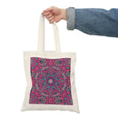Printify eco-friendly tote bag with colorful intricate mandala design held by person in denim jacket