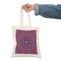 Printify eco-friendly tote bag with colorful intricate mandala design held by person in denim jacket