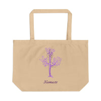 Printify eco friendly tote bag with purple yoga tree design and Namaste text on natural canvas