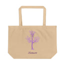 Printify eco friendly tote bag with beige fabric featuring purple yoga tree pose design and Namaste text