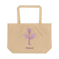 Printify eco friendly tote bag with beige fabric featuring purple yoga tree pose design and Namaste text