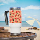 Printify eco-friendly travel mug with watermelon design on beach table under blue sky