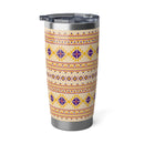 Printify eco-friendly travel tumbler with geometric yellow and purple pattern and clear lid