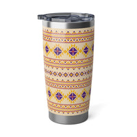 Printify eco-friendly travel tumbler with geometric yellow and purple pattern and clear lid