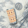 Printify eco-friendly travel tumbler with geometric pattern and clear lid on gray fabric