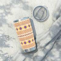 Printify eco-friendly travel tumbler with geometric pattern and clear lid on gray fabric