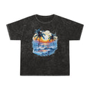 Printify eco-friendly tropical t-shirt with black wash effect and palm tree sunset beach graphic
