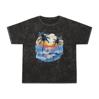 Printify eco-friendly tropical t-shirt with black wash effect and palm tree sunset beach graphic