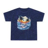 Printify eco-friendly tropical t-shirt with navy blue color and sunset palm tree design
