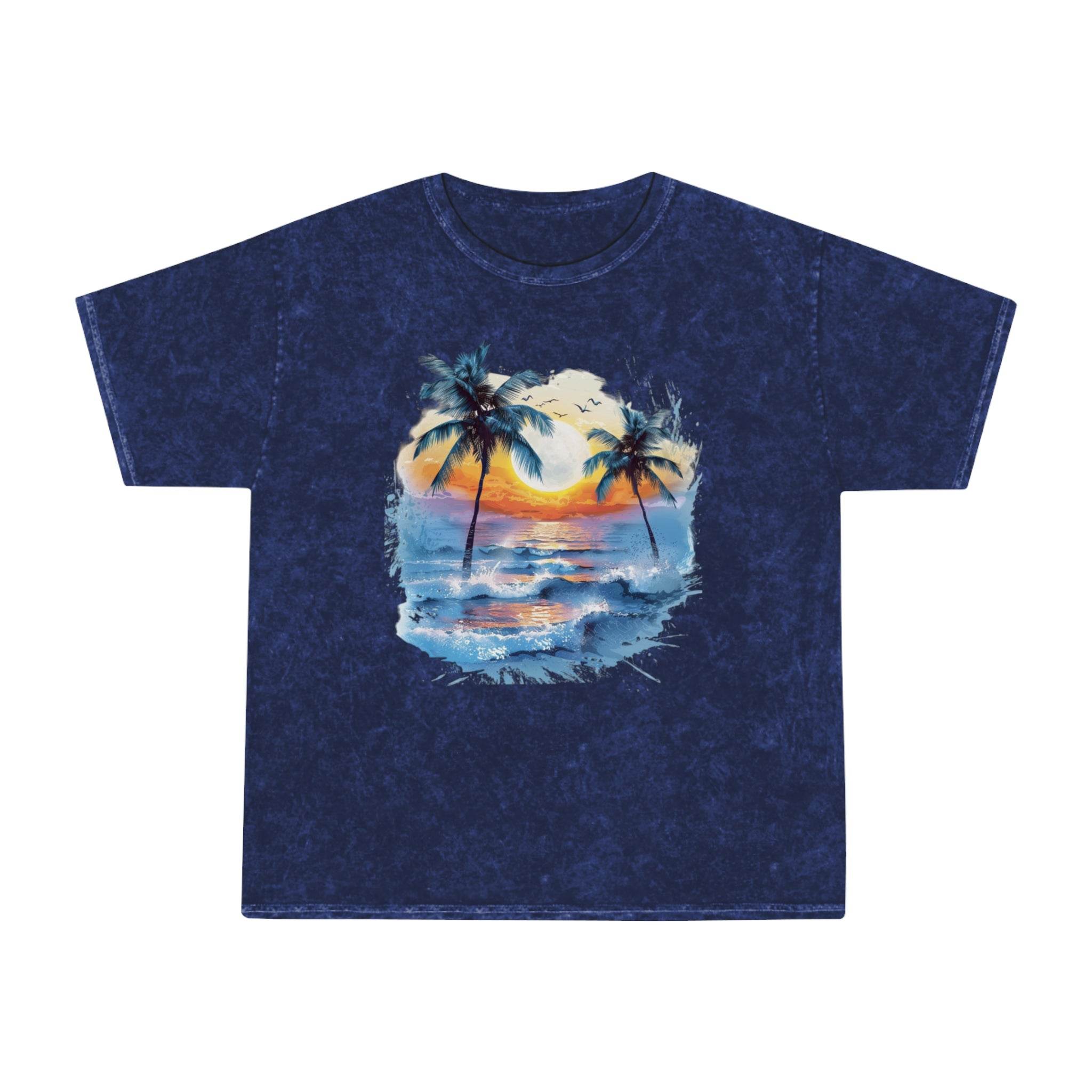 Printify eco-friendly tropical t-shirt with navy blue color and sunset palm tree design