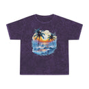 Printify eco-friendly tropical t-shirt with purple fabric and sunset beach palm tree design