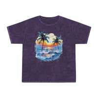 Printify eco-friendly tropical t-shirt with purple fabric and sunset beach palm tree design