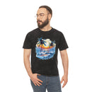 Printify eco-friendly tropical t-shirt with sunset and palm tree design worn by man with glasses