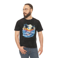 Printify eco-friendly tropical t-shirt with sunset and palm tree design worn by man with glasses