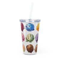 Printify eco-friendly tumbler with straw featuring colorful ice cream scoop designs on a white background