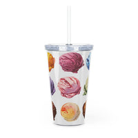 Printify eco-friendly tumbler with straw featuring colorful ice cream scoop design on a clear body