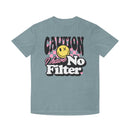 Printify eco-friendly unisex faded shirt in blue with caution and no filter graphic design