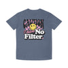 Printify eco-friendly unisex faded shirt in blue with caution no filter graphic design