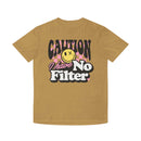 Printify eco-friendly unisex faded shirt in tan with caution I have no filter graphic and smiley face