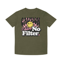 Printify eco-friendly unisex faded shirt with caution graphic and I have no filter text design