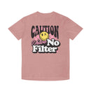 Printify eco-friendly unisex faded shirt in pink with caution no filter graphic and smiley face