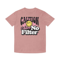 Printify eco-friendly unisex faded shirt in pink with caution no filter graphic and smiley face
