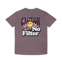 Printify eco-friendly unisex faded shirt with caution I have no filter graphic design in purple