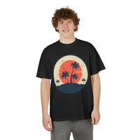 Printify eco-friendly unisex graphic tee with retro palm tree sunset design in black