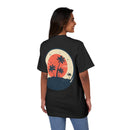 Printify eco-friendly unisex graphic tee in black with sunset and palm tree design on back