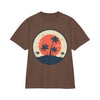 Printify eco-friendly unisex graphic tee with brown color and vintage palm tree sunset design