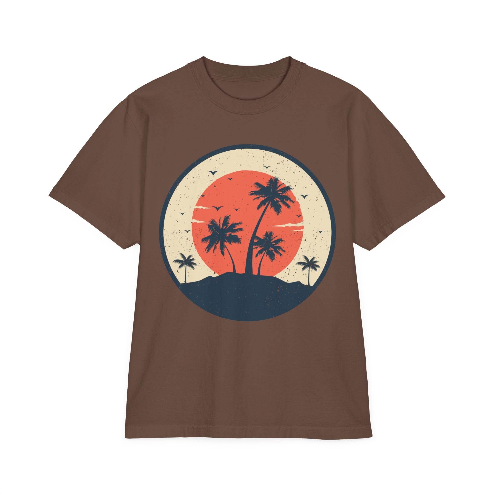 Printify eco-friendly unisex graphic tee with brown color and vintage palm tree sunset design
