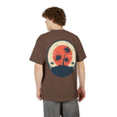 Printify eco-friendly unisex graphic tee featuring palm tree sunset design on brown fabric