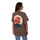 Printify eco-friendly unisex graphic tee brown with sunset and palm tree design on back