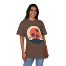 Printify eco-friendly unisex graphic tee with retro palm tree sunset design worn by smiling woman