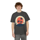 Printify eco-friendly unisex graphic tee with palm tree sunset design worn by male model