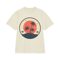 Printify eco-friendly unisex graphic tee with a vintage sunset and palm tree design on cream fabric