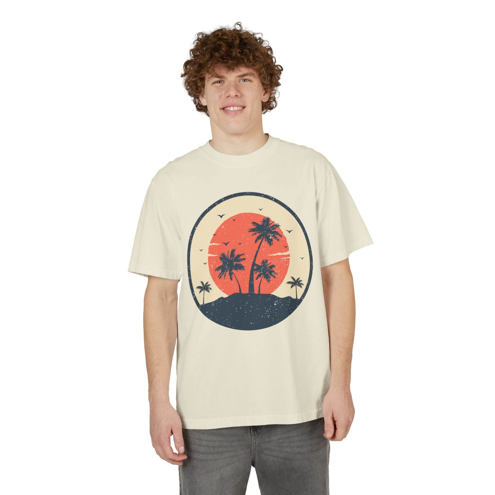 Retro Palm Tree Unisex Garment-Dyed Drop-Shoulder T-Shirt