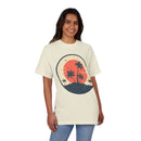 Printify eco-friendly unisex graphic tee in cream with palm tree sunset design worn by smiling woman