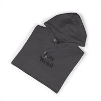 Printify dark gray eco friendly unisex hoodie with Stay Weird text and adjustable drawstring hood