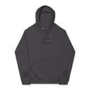 Printify eco friendly unisex hoodie in dark gray with Stay Weird text on chest and sleeves
